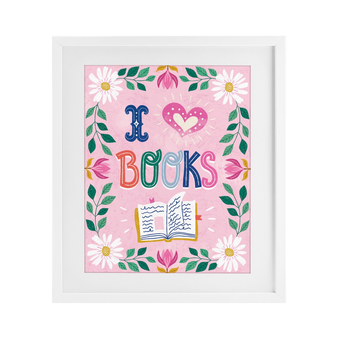 Stupell Industries Floral I Love Books Framed Print Under Glass, design by Vanessa Stoilova